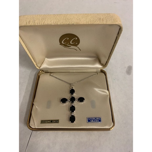 Vintage Genuine Onyx and Sterling Silver Cross, Cross Necklace - Picture 1 of 8